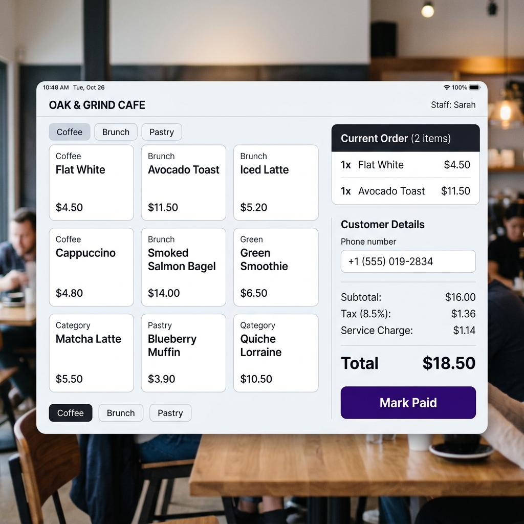 Replate POS cashier terminal showing a checkout screen with menu items and order total